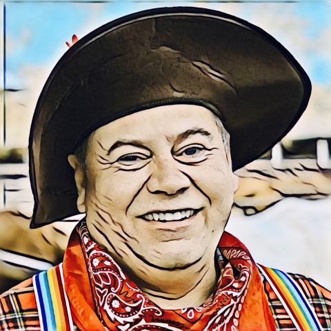 Painted portrait of Pieter Viljoen smiling, in a brown cowboy hat and an orange bandana